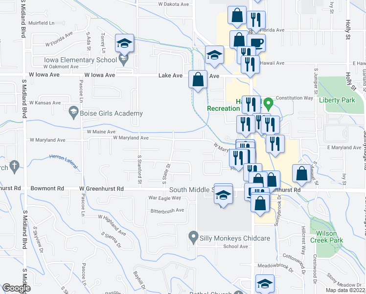 map of restaurants, bars, coffee shops, grocery stores, and more near 422 Summer Court in Nampa