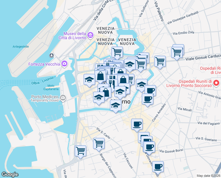 map of restaurants, bars, coffee shops, grocery stores, and more near 22 Largo del Duomo in Livorno