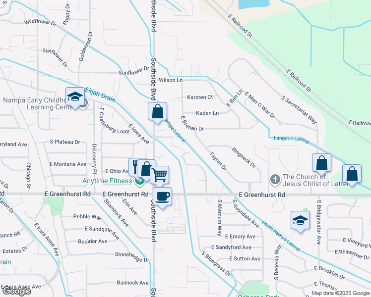 map of restaurants, bars, coffee shops, grocery stores, and more near 2053 Lexi's Lane in Nampa