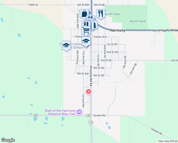 map of restaurants, bars, coffee shops, grocery stores, and more near 440 Acounty Road 44 in Harmony