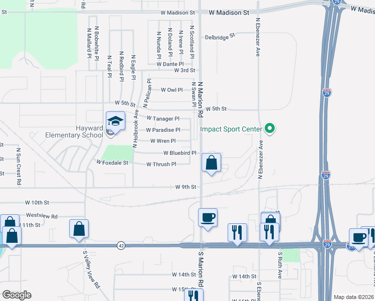 map of restaurants, bars, coffee shops, grocery stores, and more near 5602 West Bluebird Place in Sioux Falls