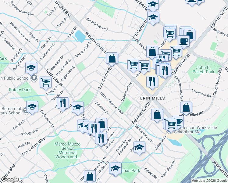 map of restaurants, bars, coffee shops, grocery stores, and more near 5135 Nestling Grove in Mississauga
