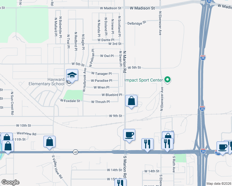 map of restaurants, bars, coffee shops, grocery stores, and more near 5602 West Bluebird Place in Sioux Falls