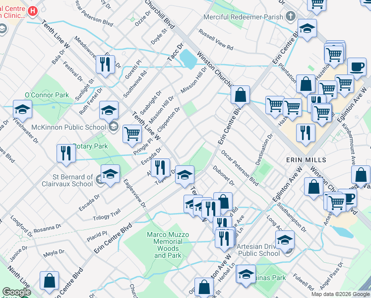 map of restaurants, bars, coffee shops, grocery stores, and more near 3137 Countess Crescent in Mississauga