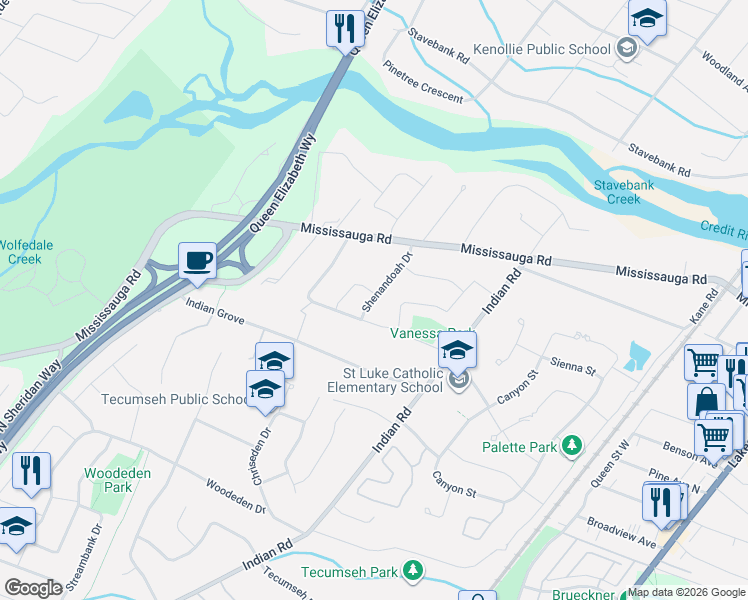 map of restaurants, bars, coffee shops, grocery stores, and more near 628 Shenandoah Drive in Mississauga