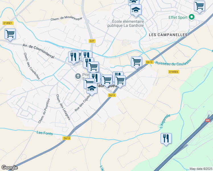 map of restaurants, bars, coffee shops, grocery stores, and more near in Fabrègues