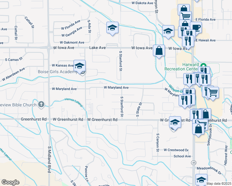 map of restaurants, bars, coffee shops, grocery stores, and more near 618 Winter Place in Nampa