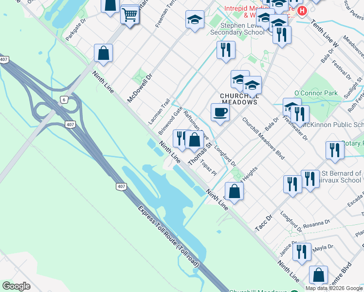 map of restaurants, bars, coffee shops, grocery stores, and more near 5748 Keldrew Avenue in Mississauga