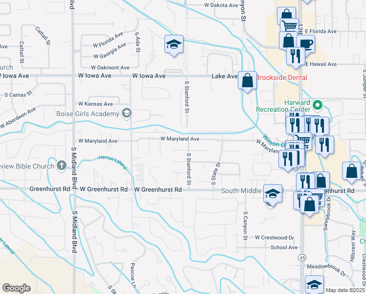 map of restaurants, bars, coffee shops, grocery stores, and more near 612 Winter Place in Nampa