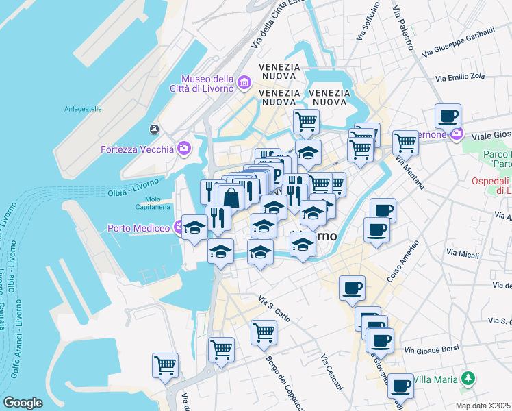 map of restaurants, bars, coffee shops, grocery stores, and more near 19 Via III Novembre in Livorno