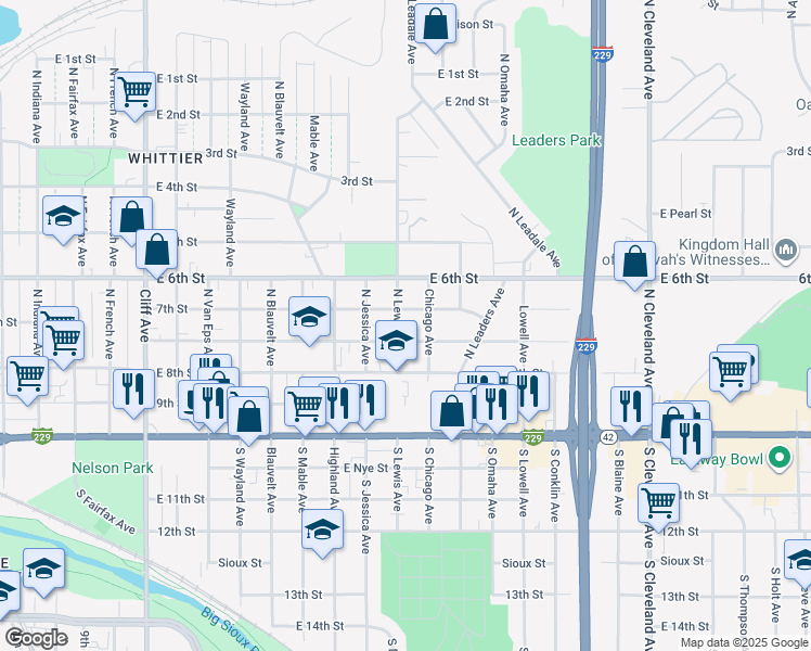 map of restaurants, bars, coffee shops, grocery stores, and more near 2020 East Austin Street in Sioux Falls