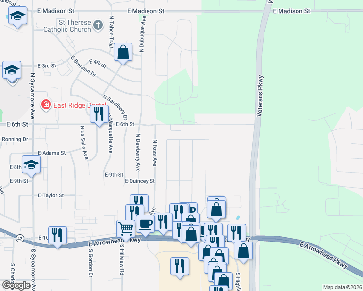 map of restaurants, bars, coffee shops, grocery stores, and more near 100-334 North Cory Place in Sioux Falls