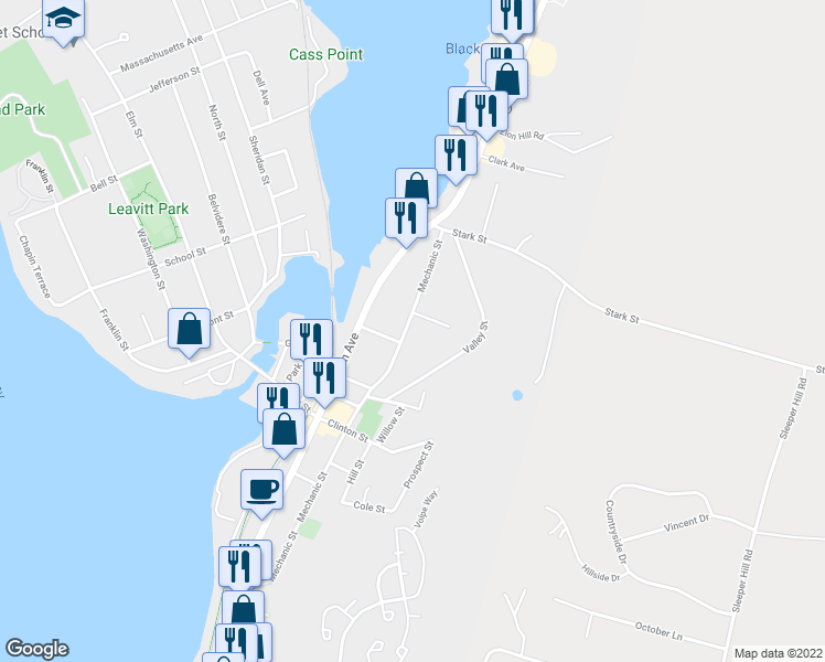 map of restaurants, bars, coffee shops, grocery stores, and more near 257 Mechanic Street in Laconia