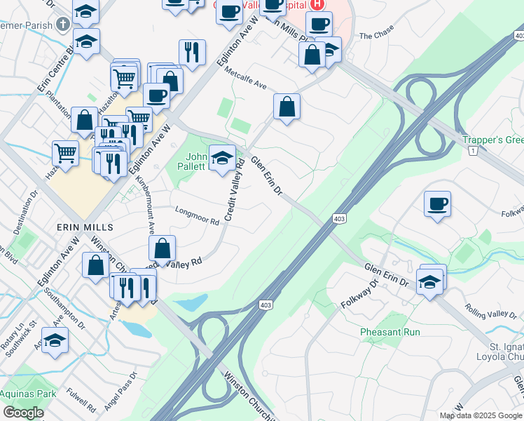 map of restaurants, bars, coffee shops, grocery stores, and more near 4345 Romfield Crescent in Mississauga