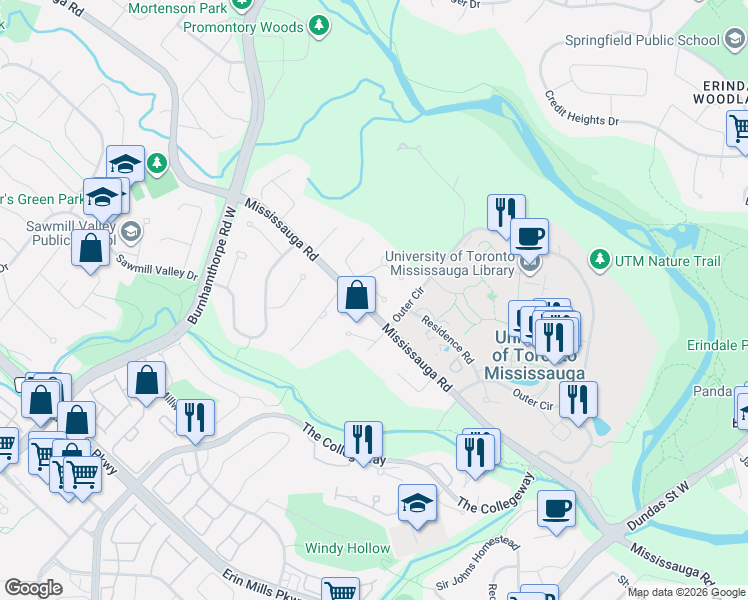 map of restaurants, bars, coffee shops, grocery stores, and more near in Mississauga