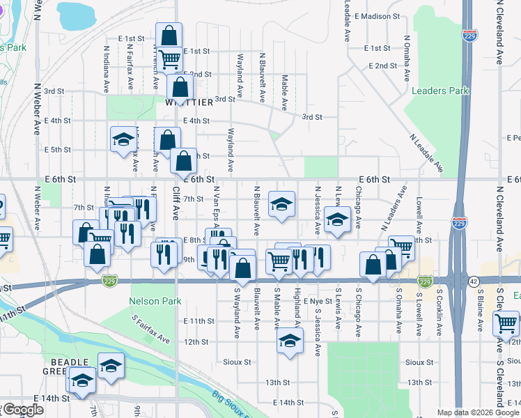 map of restaurants, bars, coffee shops, grocery stores, and more near 301 North Blauvelt Avenue in Sioux Falls