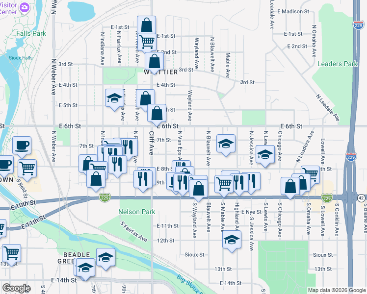 map of restaurants, bars, coffee shops, grocery stores, and more near 301 North Wayland Avenue in Sioux Falls