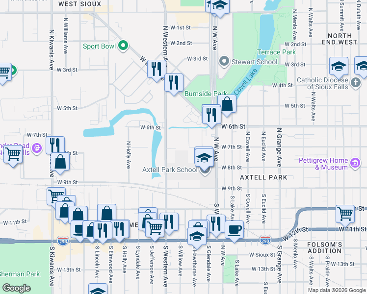 map of restaurants, bars, coffee shops, grocery stores, and more near 301 North Willow Avenue in Sioux Falls
