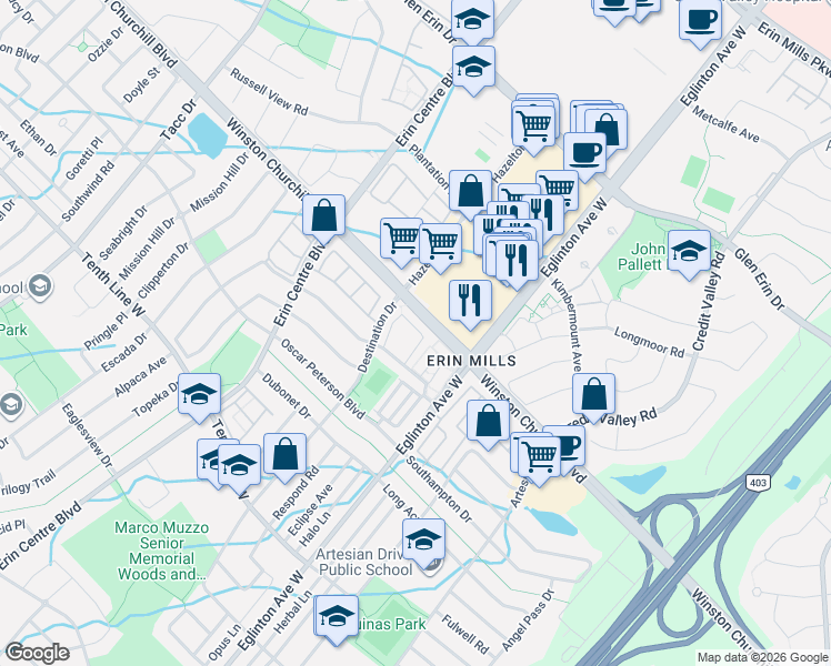 map of restaurants, bars, coffee shops, grocery stores, and more near 3135 Boxford Crescent in Mississauga