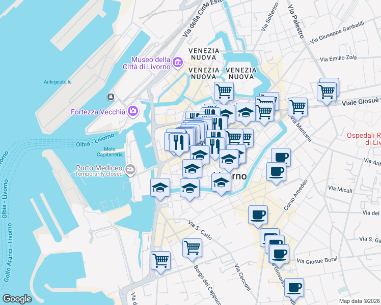 map of restaurants, bars, coffee shops, grocery stores, and more near in Livorno