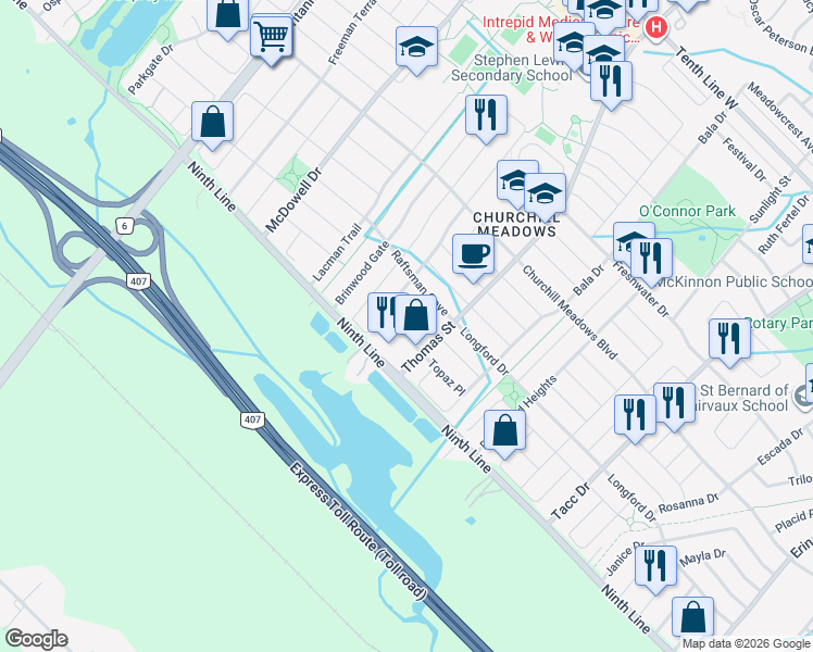 map of restaurants, bars, coffee shops, grocery stores, and more near 5735 Keldrew Avenue in Mississauga
