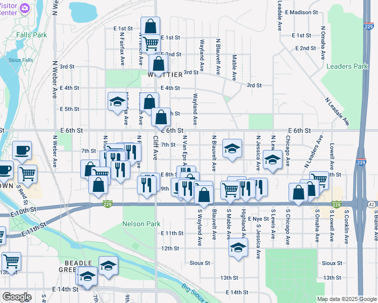 map of restaurants, bars, coffee shops, grocery stores, and more near 301 North Wayland Avenue in Sioux Falls