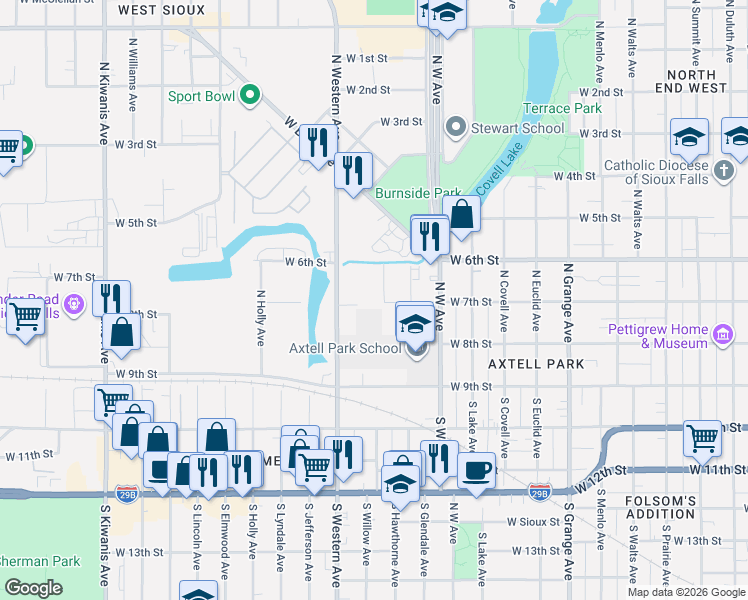 map of restaurants, bars, coffee shops, grocery stores, and more near 301 North Willow Avenue in Sioux Falls