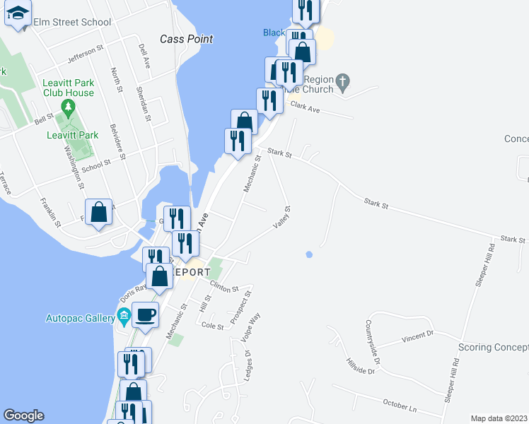 map of restaurants, bars, coffee shops, grocery stores, and more near 31 Hawthorne Street in Laconia