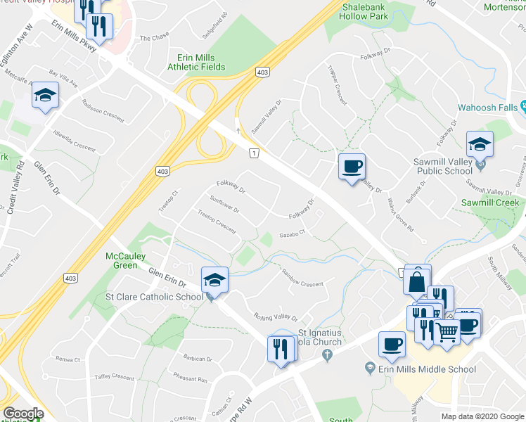 map of restaurants, bars, coffee shops, grocery stores, and more near 4129 Sunflower Drive in Mississauga