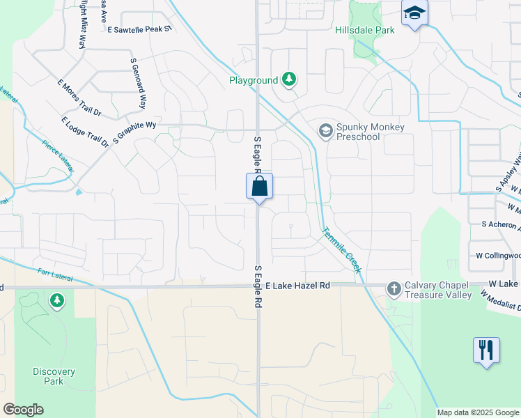 map of restaurants, bars, coffee shops, grocery stores, and more near 6100 South Eagle Road in Meridian