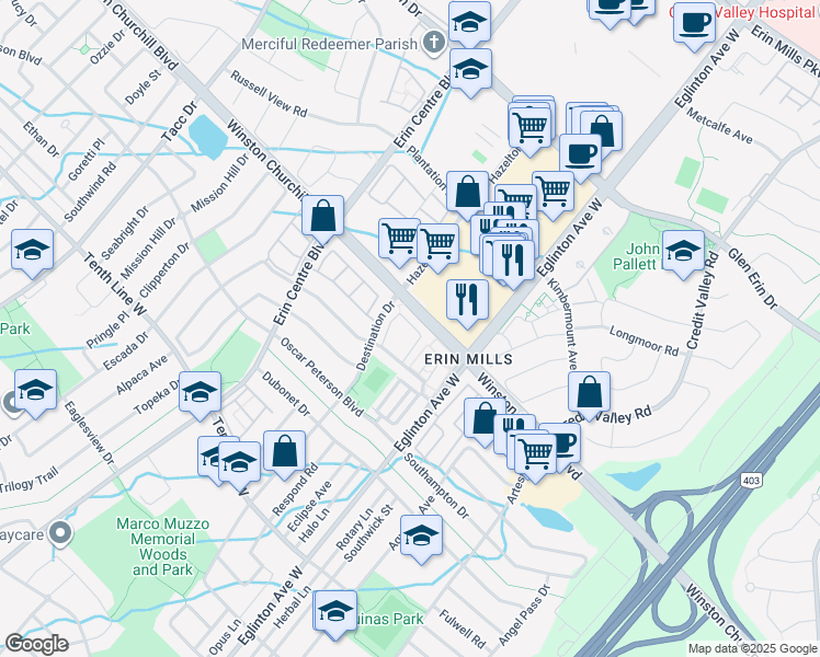 map of restaurants, bars, coffee shops, grocery stores, and more near in Mississauga