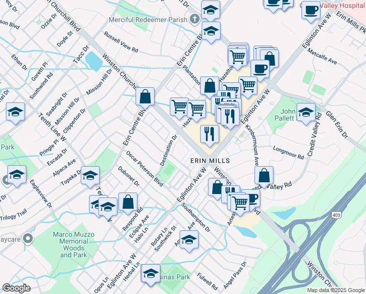 map of restaurants, bars, coffee shops, grocery stores, and more near in Mississauga
