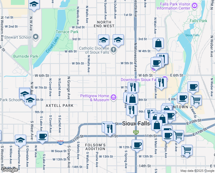 map of restaurants, bars, coffee shops, grocery stores, and more near 607 West 7th Street in Sioux Falls