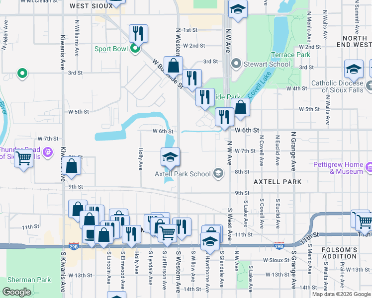 map of restaurants, bars, coffee shops, grocery stores, and more near 1602 West 7th Street in Sioux Falls