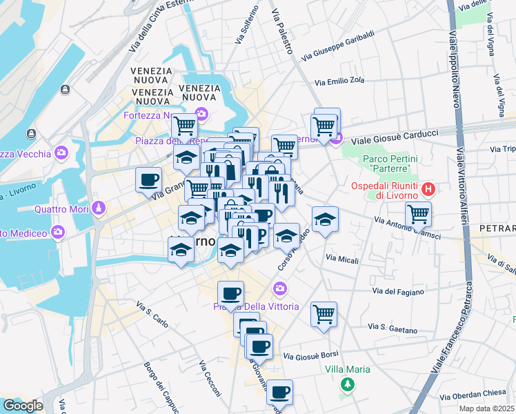map of restaurants, bars, coffee shops, grocery stores, and more near 22 Via Luigi Bosi in Livorno