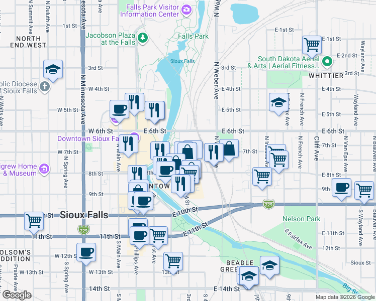 map of restaurants, bars, coffee shops, grocery stores, and more near 312 East 8th Street in Sioux Falls