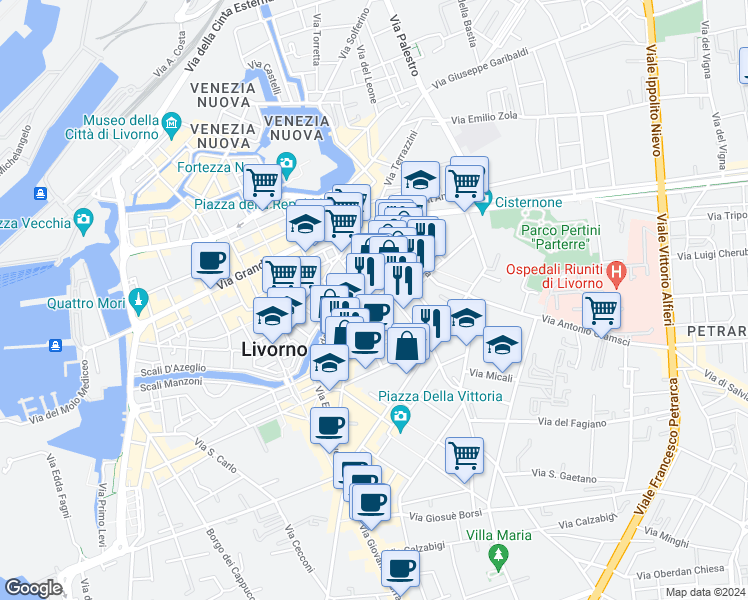 map of restaurants, bars, coffee shops, grocery stores, and more near 10 Via del Platano in Livorno