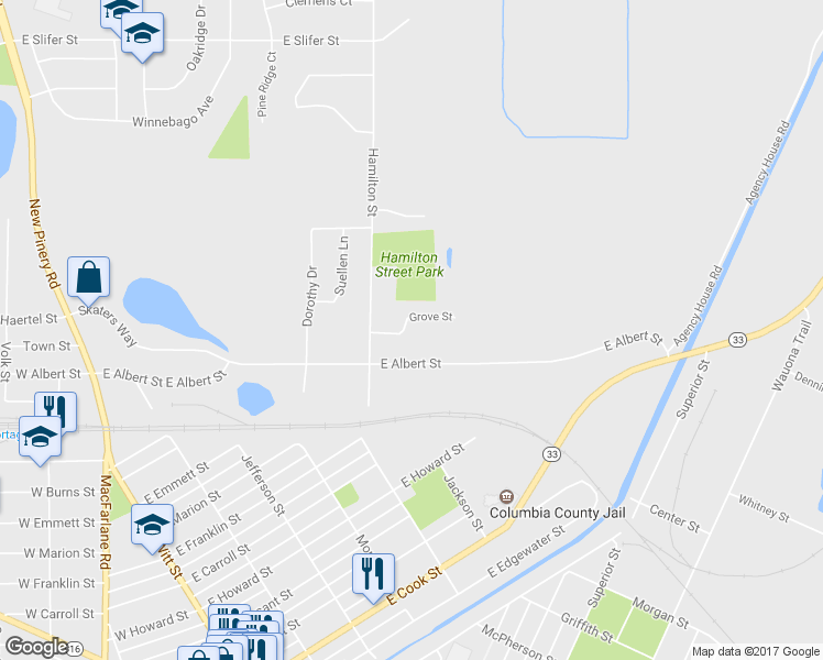 map of restaurants, bars, coffee shops, grocery stores, and more near 624 Grove Street in Portage