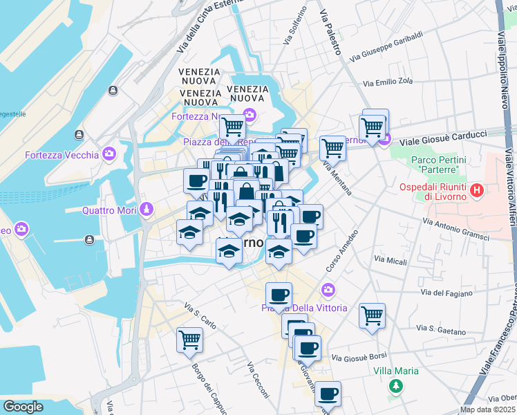 map of restaurants, bars, coffee shops, grocery stores, and more near 112 Via Buontalenti in Livorno