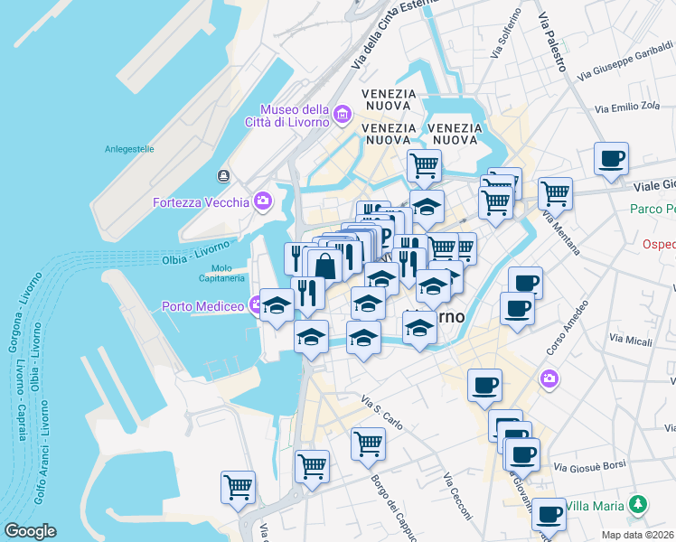 map of restaurants, bars, coffee shops, grocery stores, and more near 19 Via III Novembre in Livorno