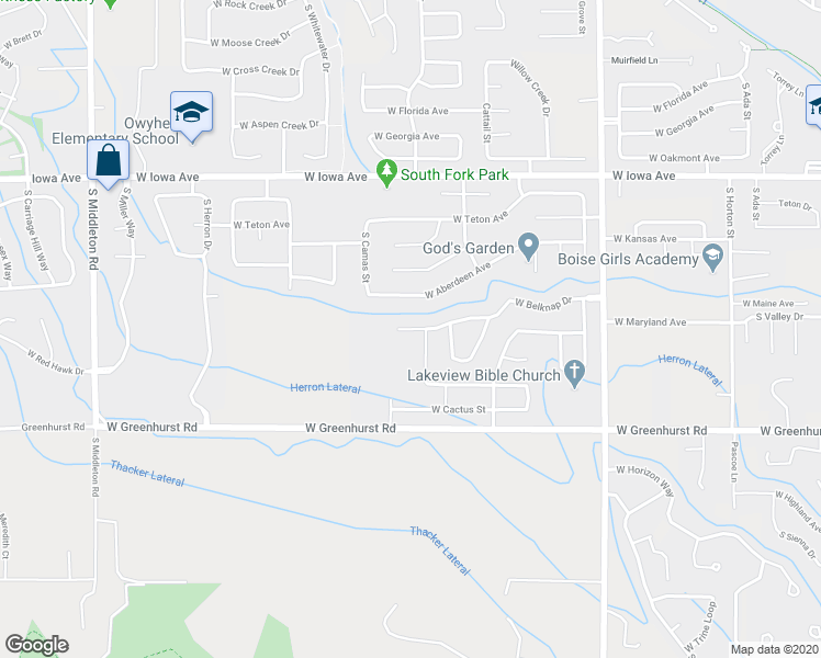 map of restaurants, bars, coffee shops, grocery stores, and more near West Belknap Drive in Nampa