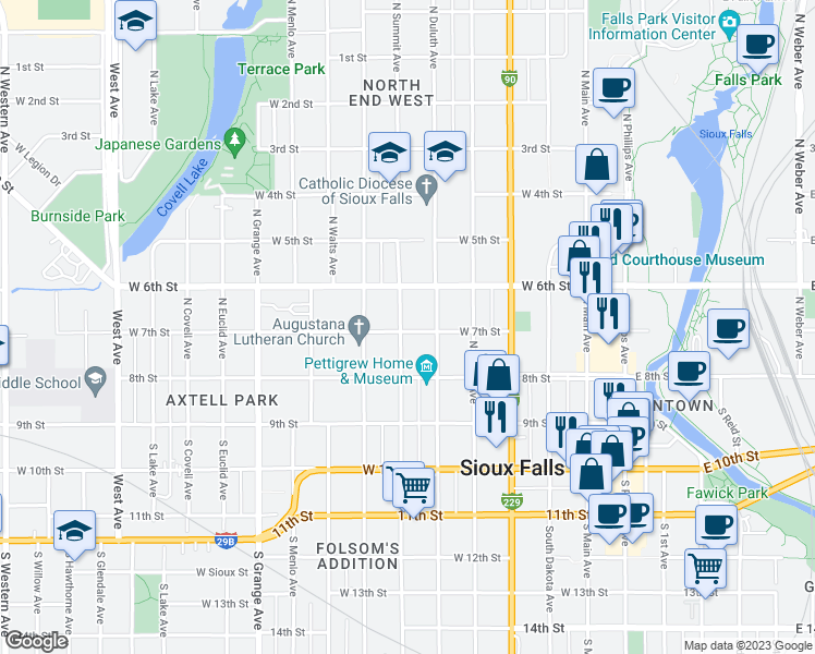 map of restaurants, bars, coffee shops, grocery stores, and more near 634 West 7th Street in Sioux Falls