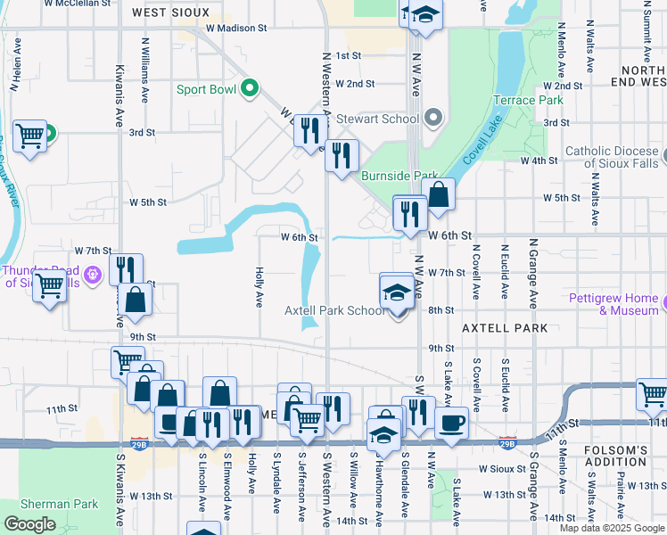 map of restaurants, bars, coffee shops, grocery stores, and more near 300 North Western Avenue in Sioux Falls