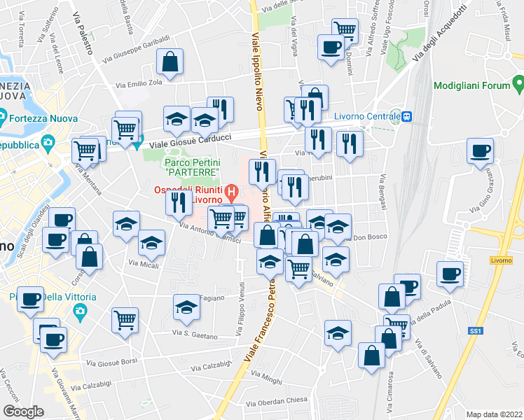 map of restaurants, bars, coffee shops, grocery stores, and more near 36 Viale Vittorio Alfieri in Livorno