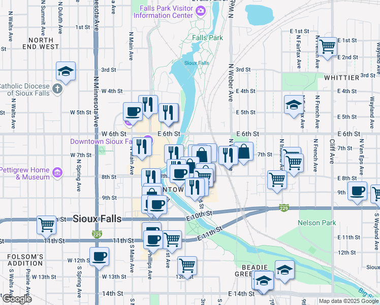 map of restaurants, bars, coffee shops, grocery stores, and more near 300 North Cherapa Place in Sioux Falls