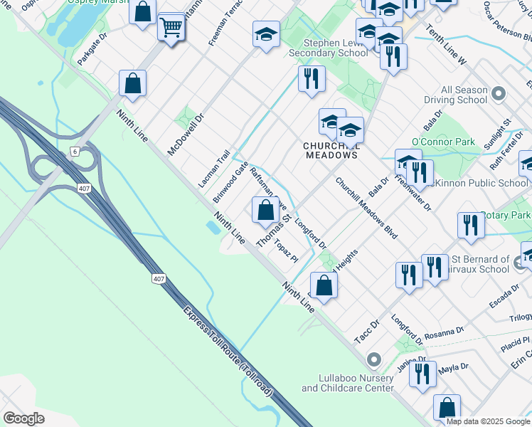 map of restaurants, bars, coffee shops, grocery stores, and more near 5714 Jenvic Grove in Mississauga