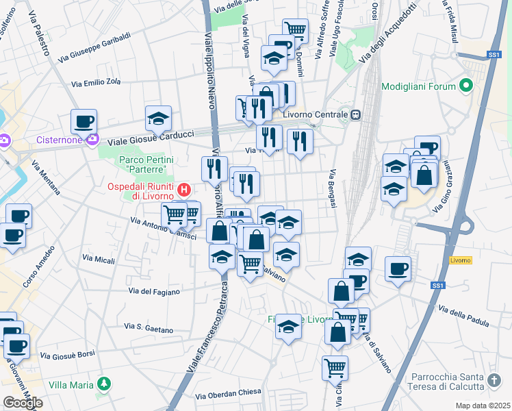 map of restaurants, bars, coffee shops, grocery stores, and more near 22 Via Francesco Carega in Livorno
