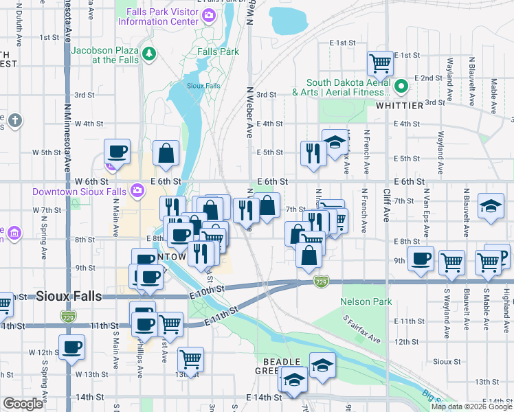 map of restaurants, bars, coffee shops, grocery stores, and more near 201 North Weber Avenue in Sioux Falls