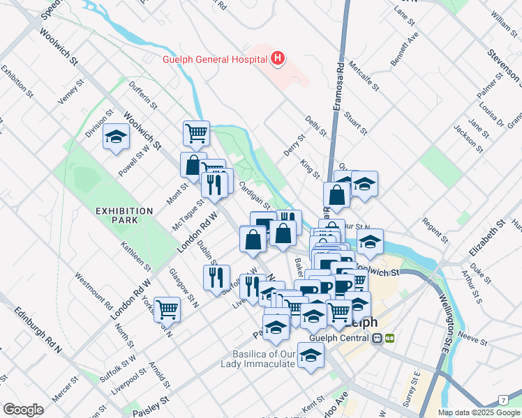 map of restaurants, bars, coffee shops, grocery stores, and more near 60 Cardigan Street in Guelph