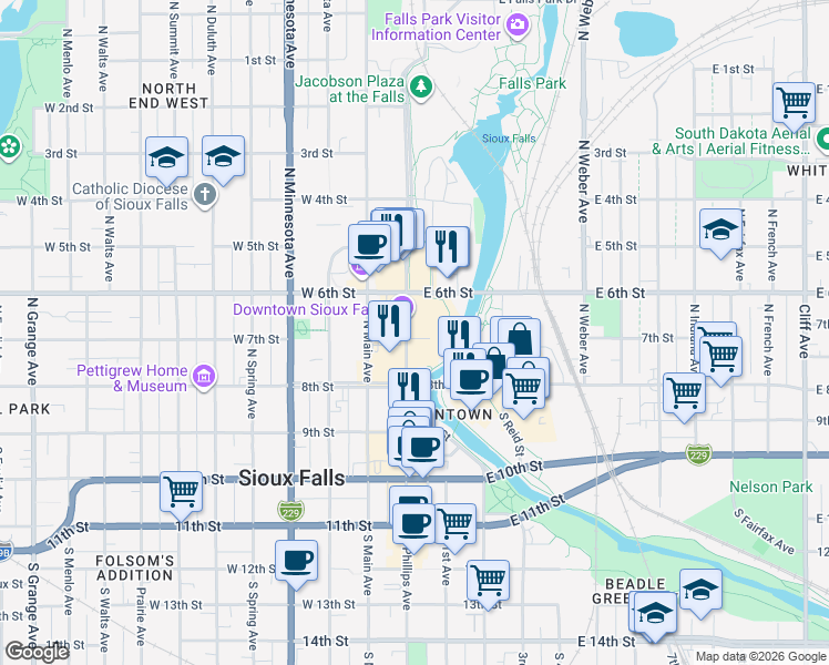 map of restaurants, bars, coffee shops, grocery stores, and more near 220 North Phillips Avenue in Sioux Falls